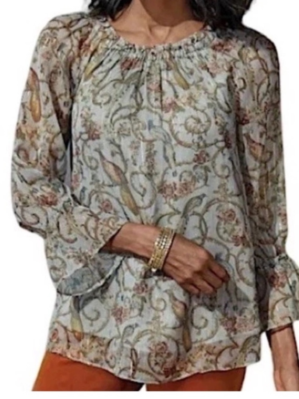 Soft Surroundings Blouse XL Aitana Pheasant Bird Chiffon Cottagecore Lightweight